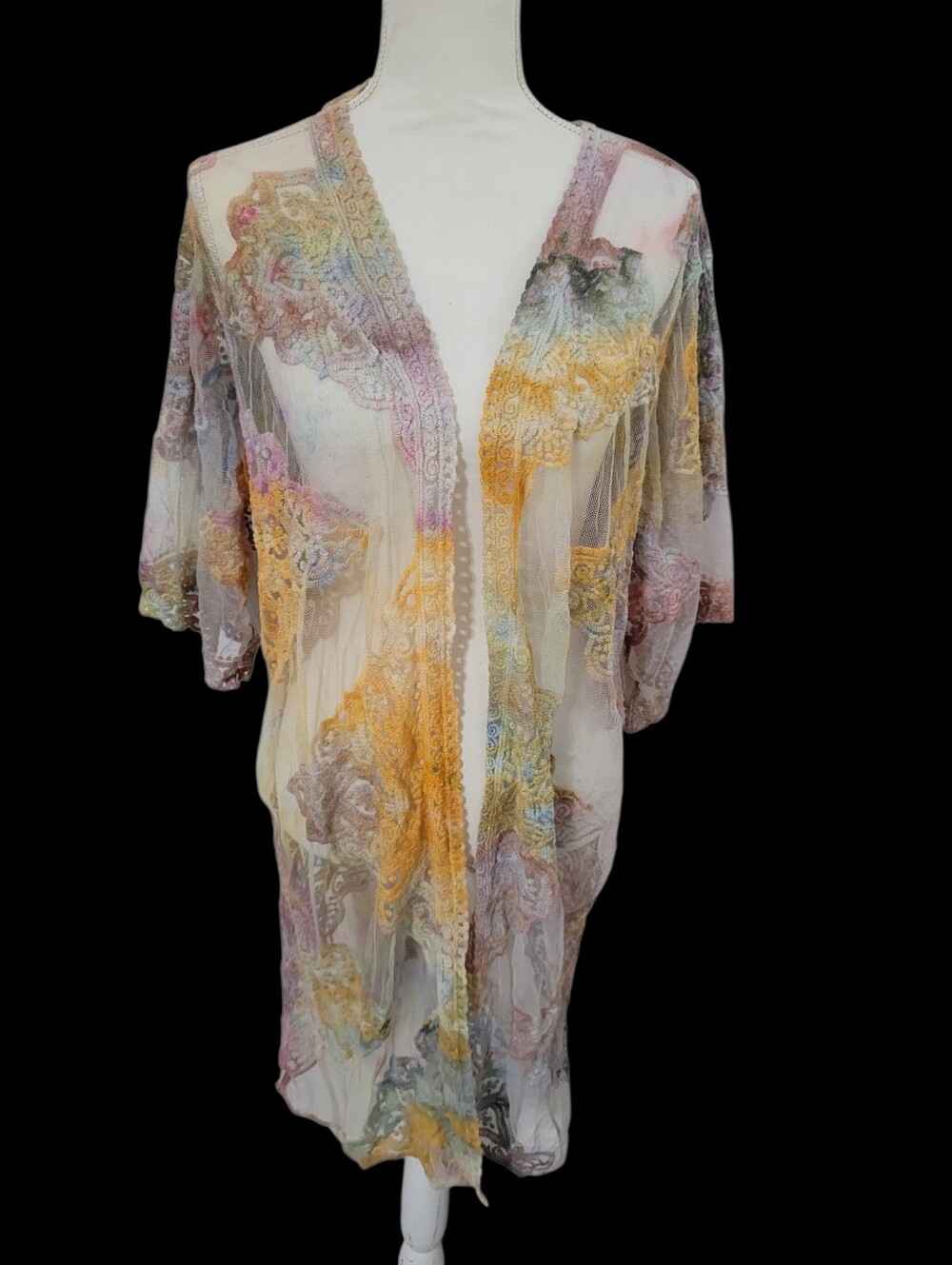 Unique Hand Dyed Lace Kimono Cardigan Cover Up Boho Festival Tie Dye Resortwear